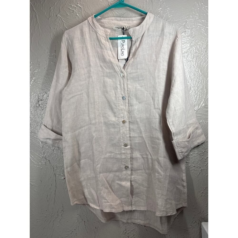 LUNGO L'ARNO Button Up Women's Beige V-Neck Cuff Sleeve 100% Linen Size Large